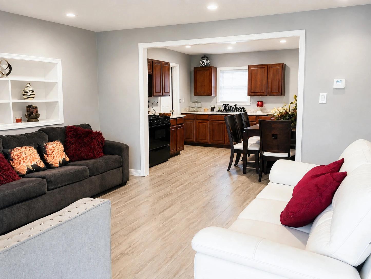 Completed residential living and kitchen interior